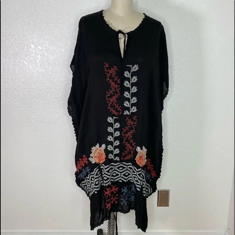 Johnny Was black silk embroidered boho vacation tunic dress swim coverup M